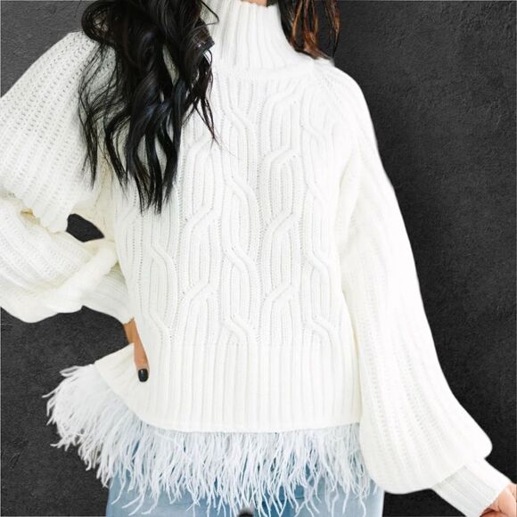 ENTRO What's Going On Cream White Feather Trim Sweater in the Size Medium - Picture 6 of 14